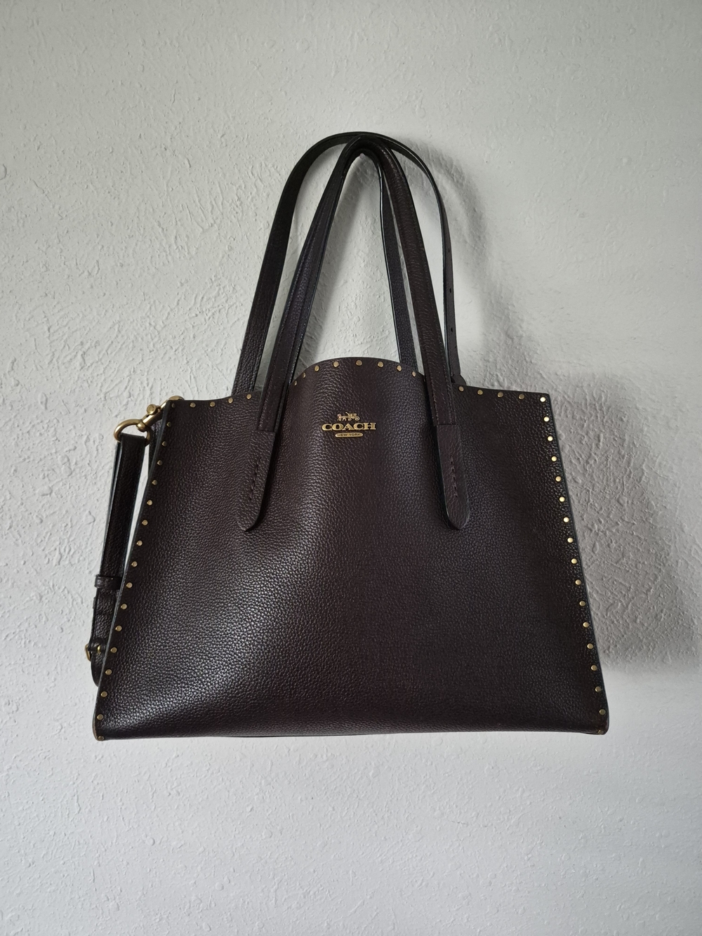 Coach Oxblood Carryall Pebbled Leather Tote with Gold Studs